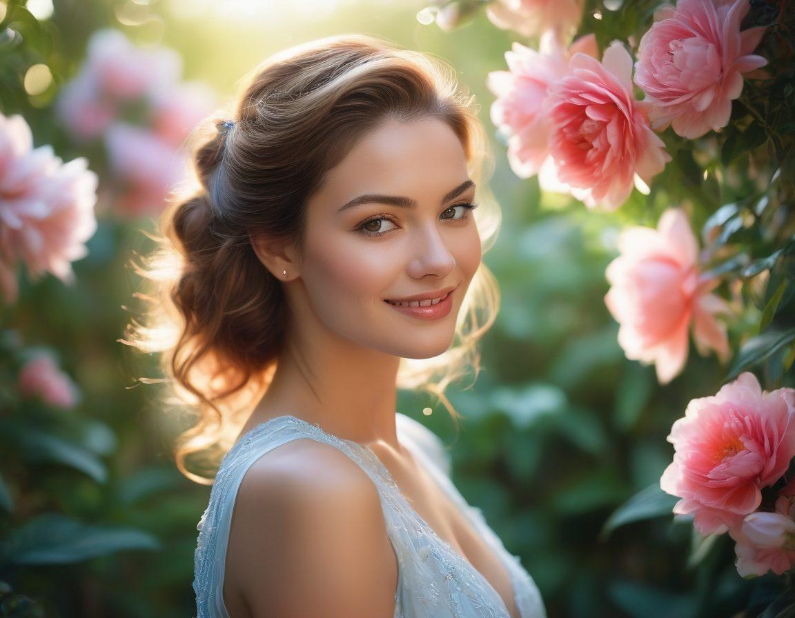 A captivating scene featuring an alluring woman with an enchanting smile, surrounded by soft, ethereal lighting. She is dressed elegantly, exuding confidence and charm, with subtle hints of playful flirtation in her pose. The backdrop is a dreamy, out-of-focus garden filled with blooming flowers, adding a touch of romance. Include elements of intimacy and allure, emphasizing her magnetic presence. super-realistic. vibrant colors. ethereal atmosphere.