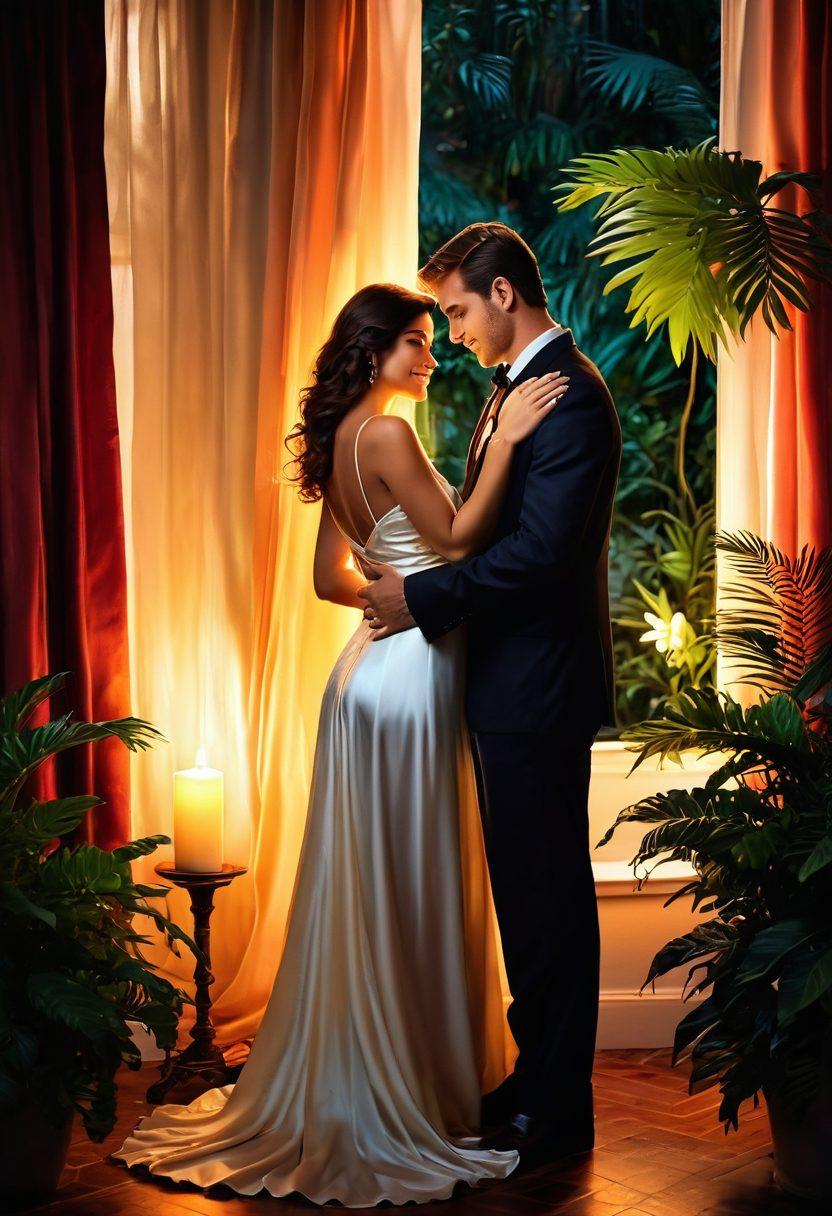 A captivating scene of a couple sharing an intimate moment in a softly lit, romantic setting, surrounded by exotic plants and flowers that evoke passion. The woman appears confident and alluring, with a radiant smile, while the man gazes at her lovingly. Soft, warm colors envelop the image, creating a dreamy atmosphere. Include subtle hints of elegance, such as silk curtains and glowing candlelight. painting. vibrant colors.